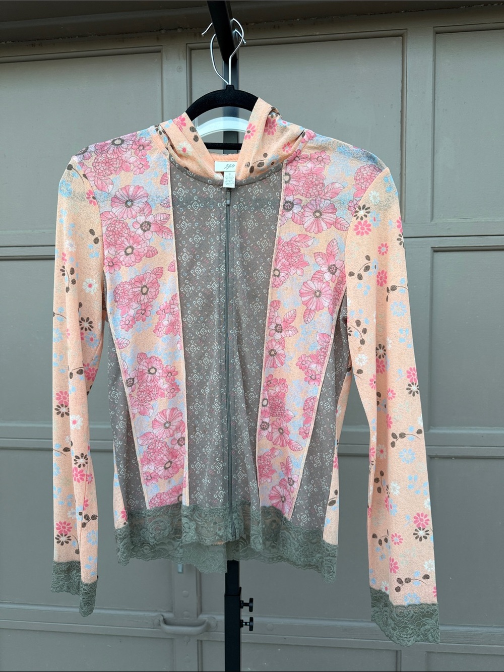 J. Jill Peach & Pink Floral Hooded Cardigan with Olive Lace Trim